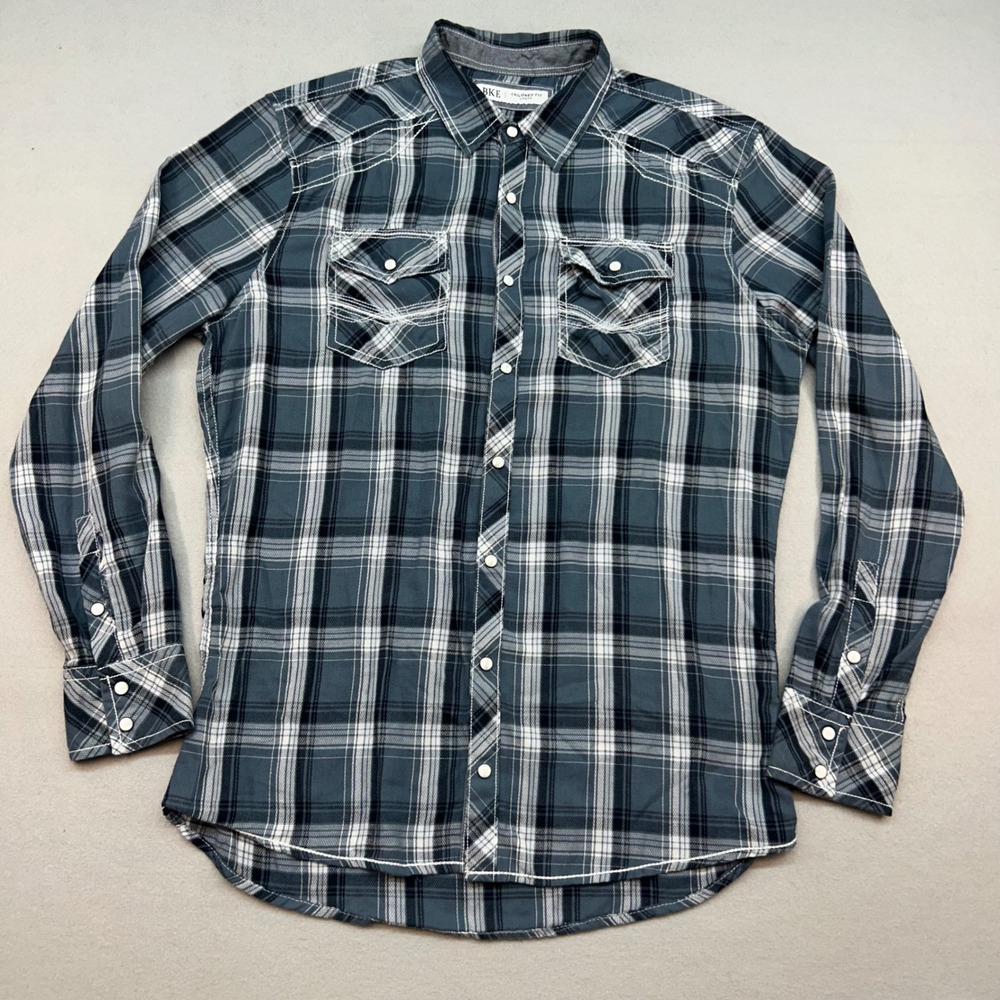 BKE Tailored Fit Mens Large Blue Plaid Pearl Snap Western Shirt 11815FPW